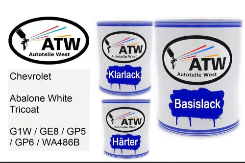 Chevrolet, Abalone White Tricoat, G1W / GE8 / GP5 / GP6 / WA486B: 1L Lackdose + 1L Klarlack + 500ml Härter - Set, von ATW Autoteile West.